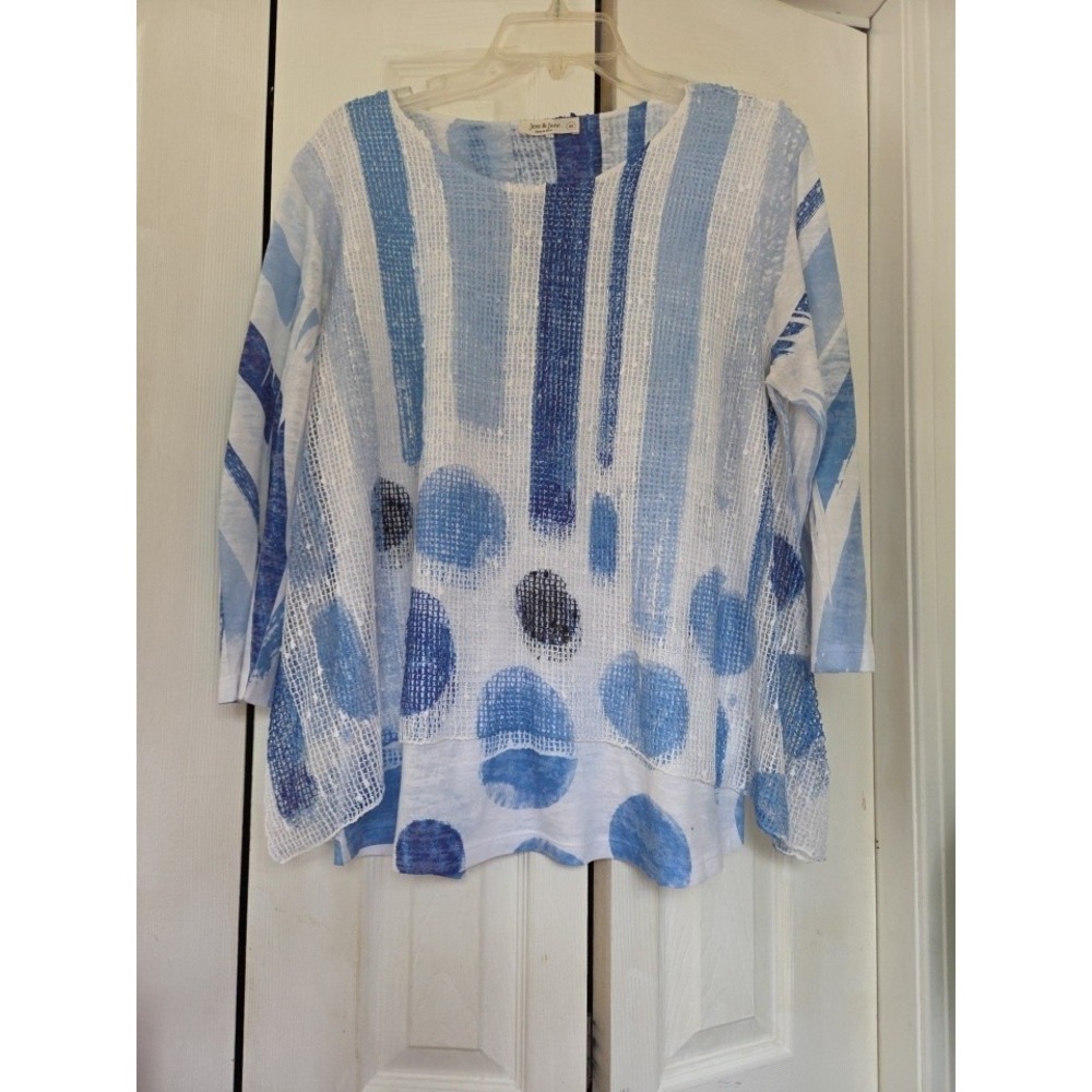 Jess & Jane Women's Top Size M Blue/White Polka Dot Round Neck 3/4 Sleeve